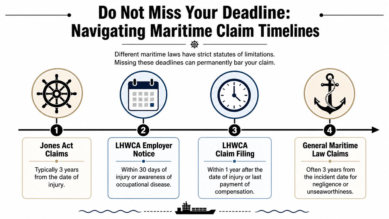 A timeline graphic showing statutes of limitations for different types of maritime injury legal claims.