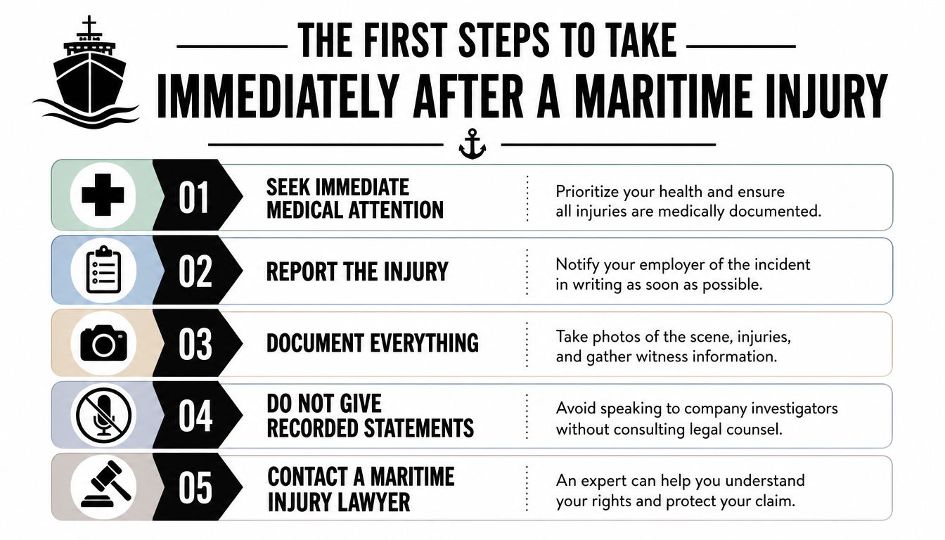 A flowchart outlining five essential steps to take immediately following a maritime injury on a ship.