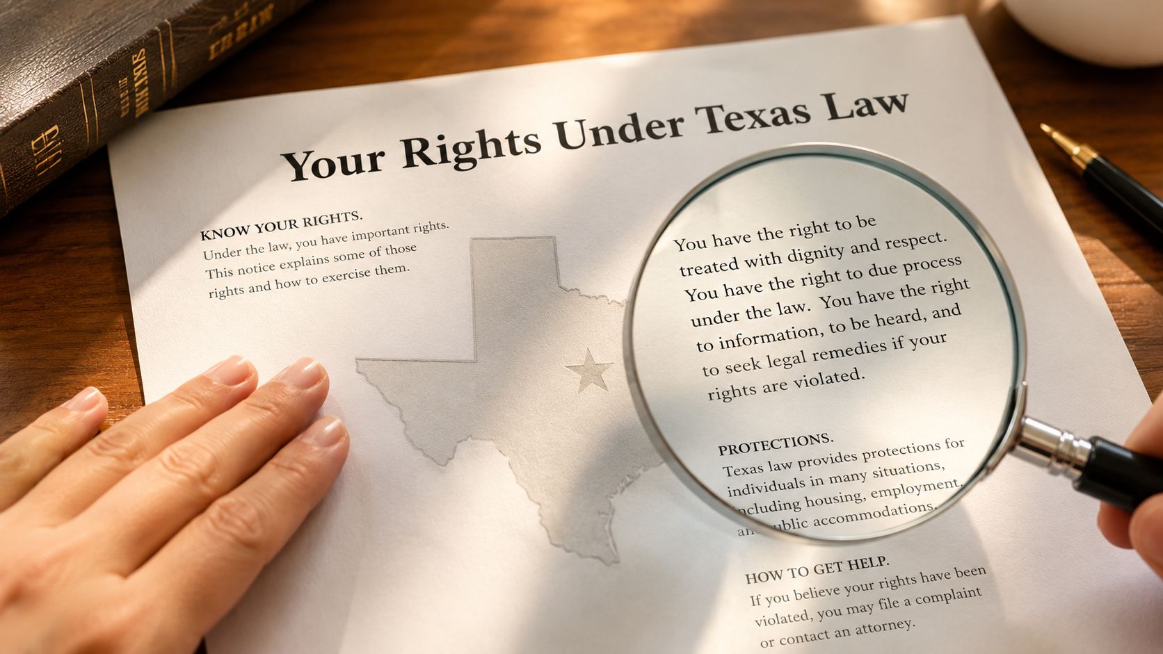 A magnifying glass placed over a paper about Texas laws, highlighting legal rights and protections.