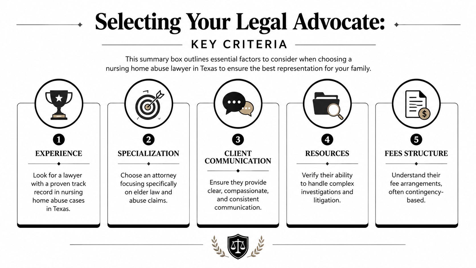 An infographic titled Selecting Your Legal Advocate outlining five essential criteria for choosing a nursing home abuse lawyer.
