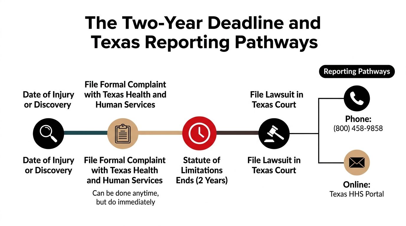 A timeline chart illustrating the two-year deadline and reporting pathways for nursing home neglect cases in Texas.