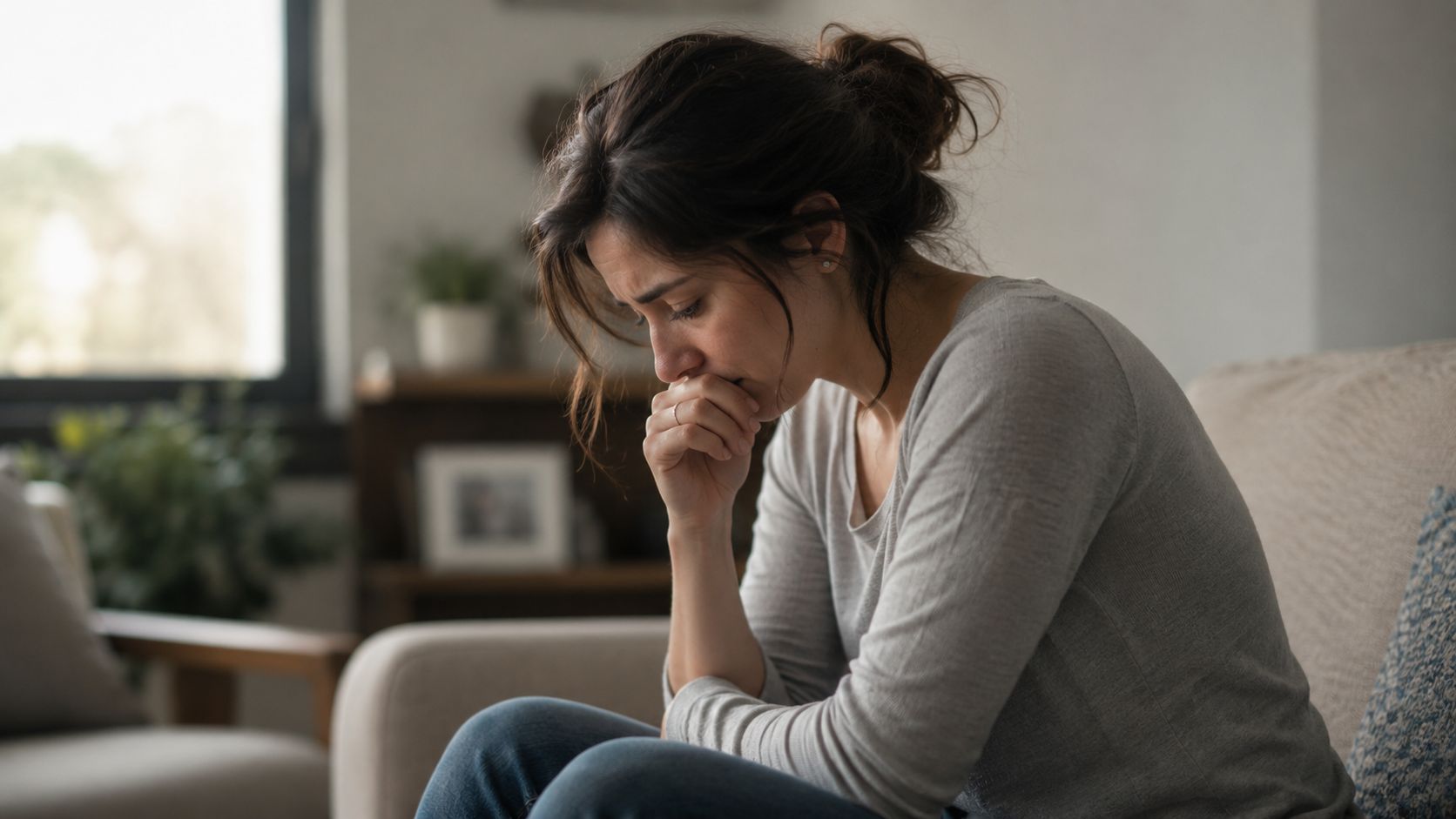 A distressed woman sitting on a couch, appearing deep in thought and emotionally overwhelmed or grieving.