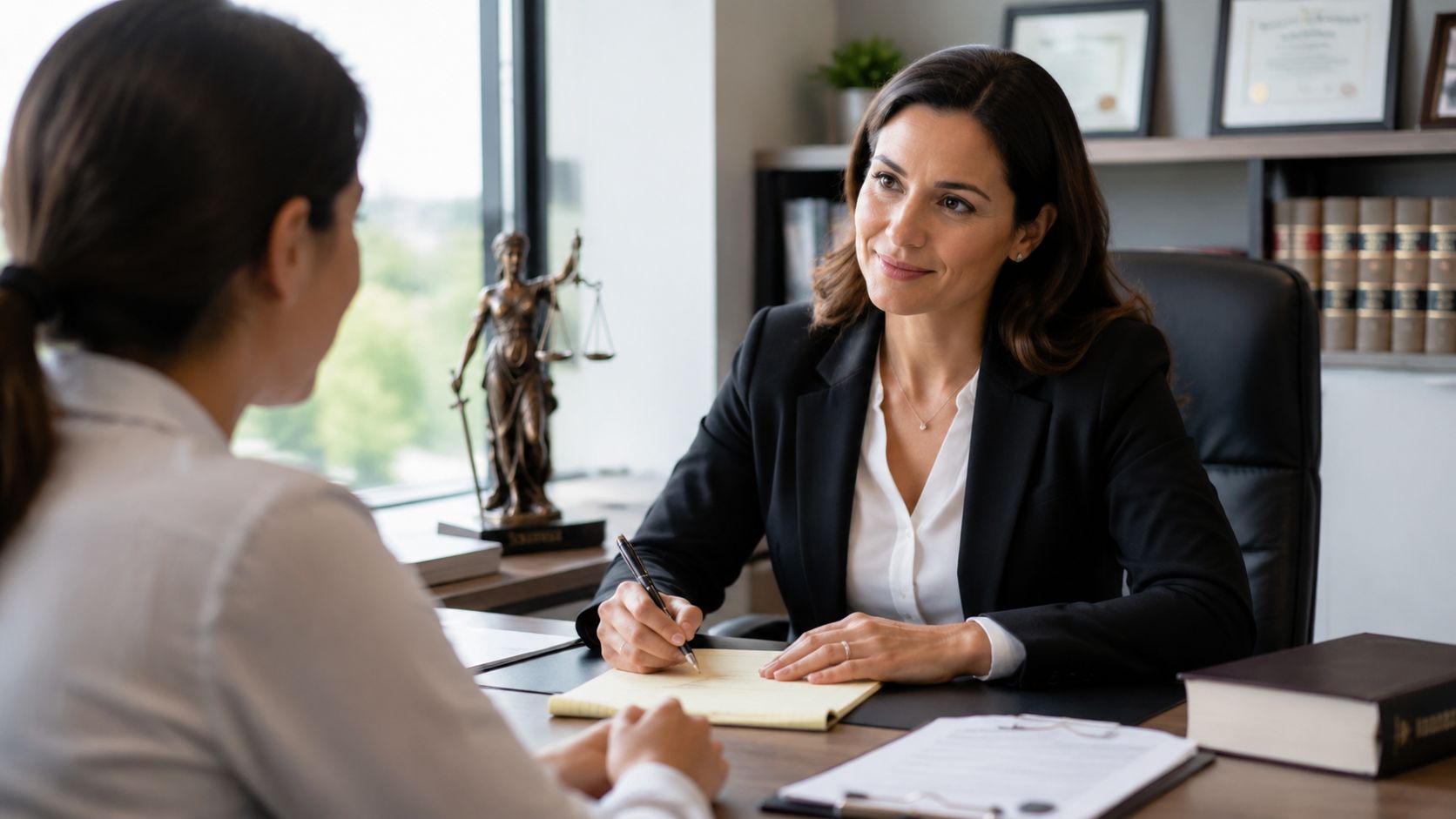 A professional female attorney sits at her desk, consulting with a client in a bright office.