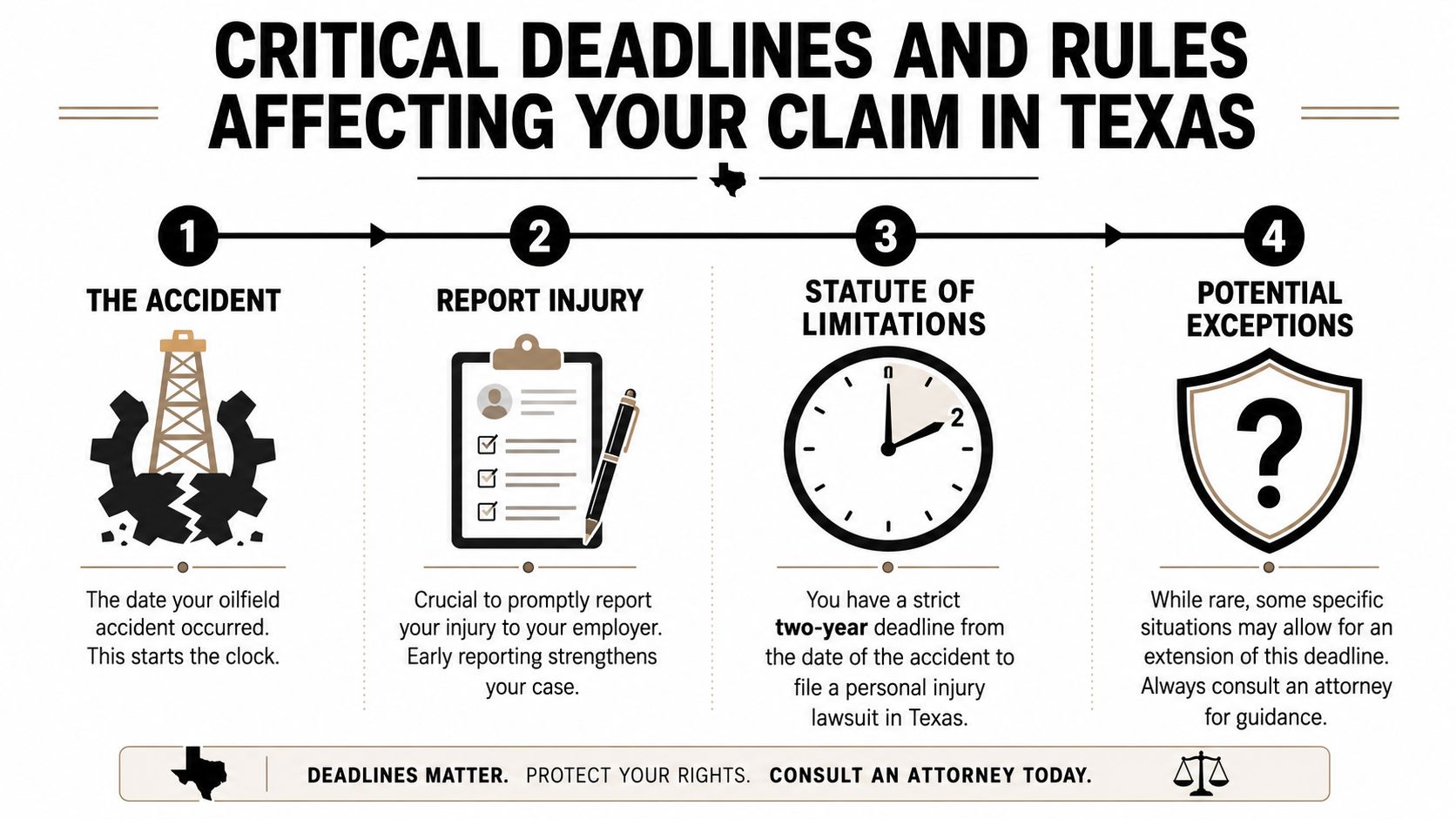An infographic showing the timeline and critical legal deadlines for filing an oilfield accident lawsuit in Texas.