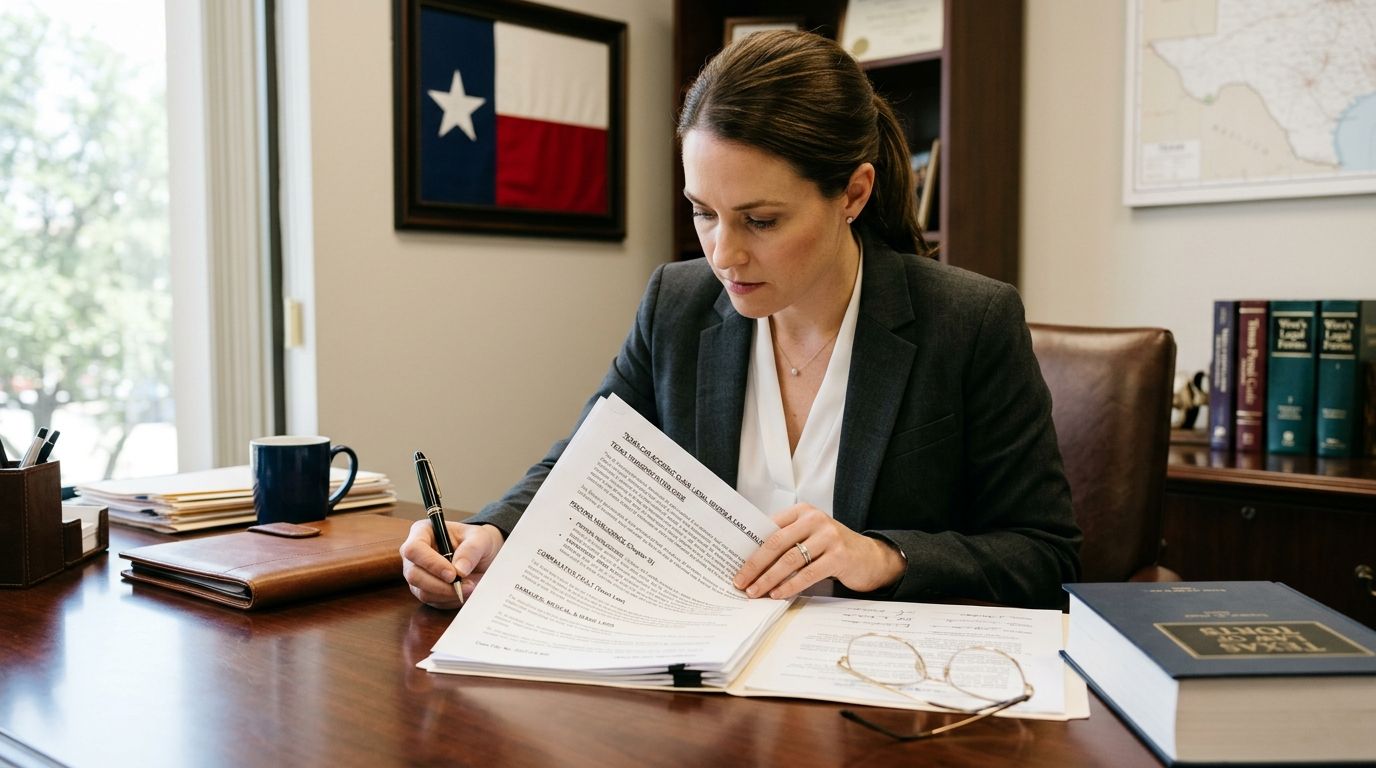 A professional female attorney sits at her desk reviewing legal documents in a law office.