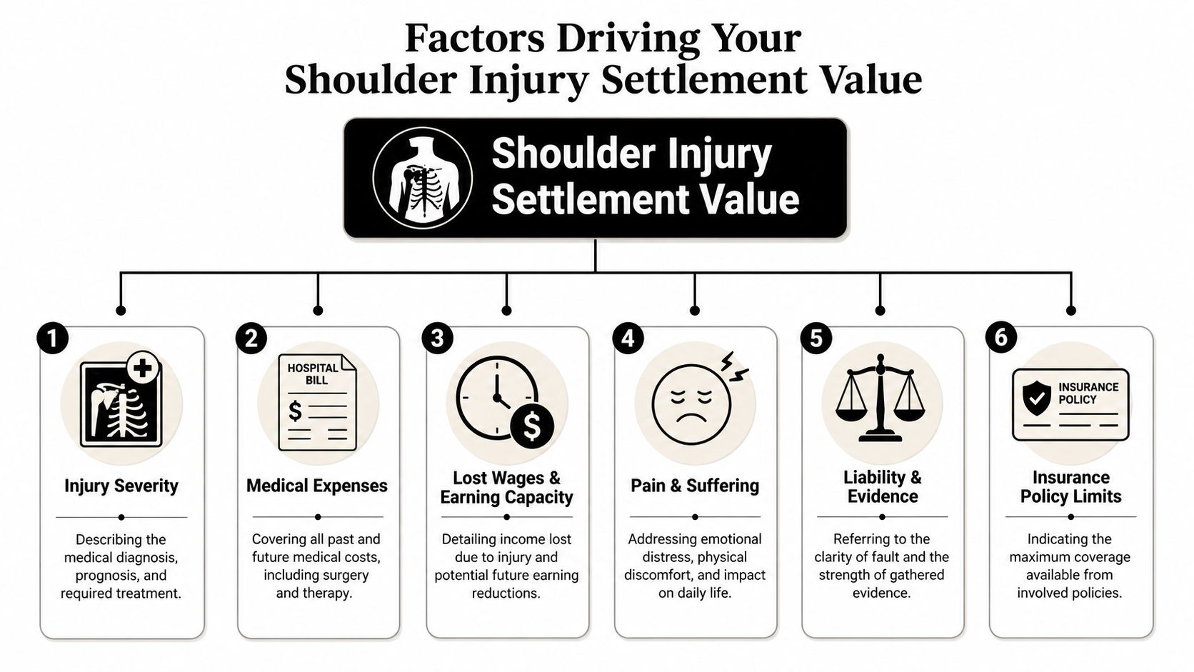 A flowchart detailing six key factors influencing the financial settlement value of a shoulder injury claim.