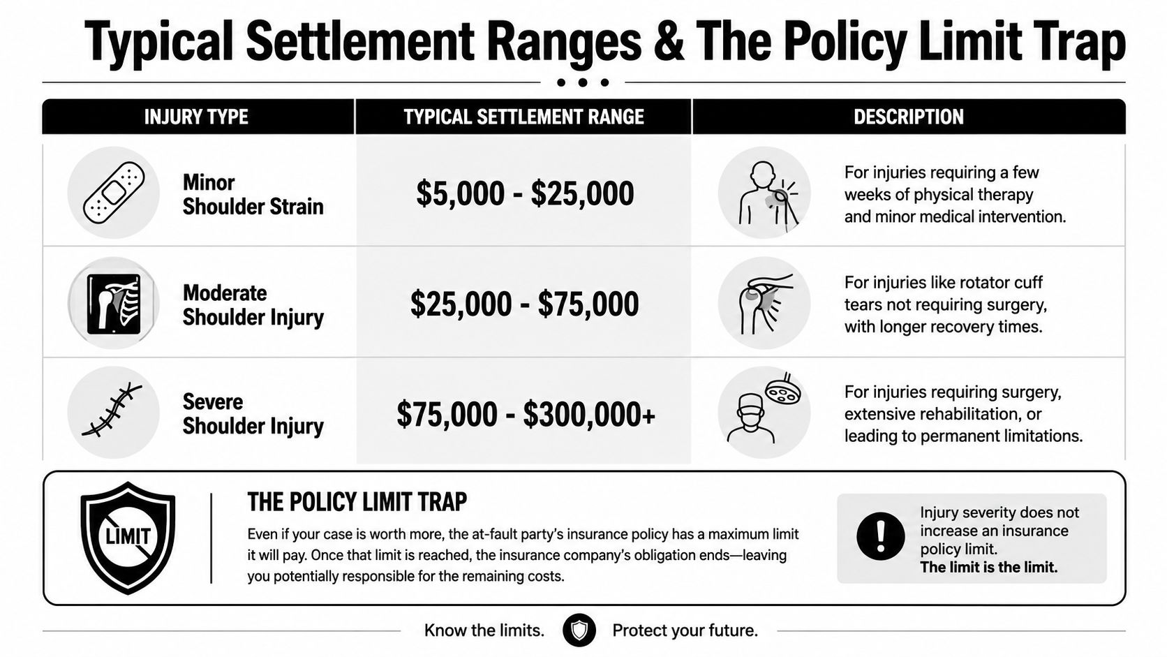 A chart detailing typical shoulder injury settlement ranges, including minor, moderate, and severe cases and insurance limits.