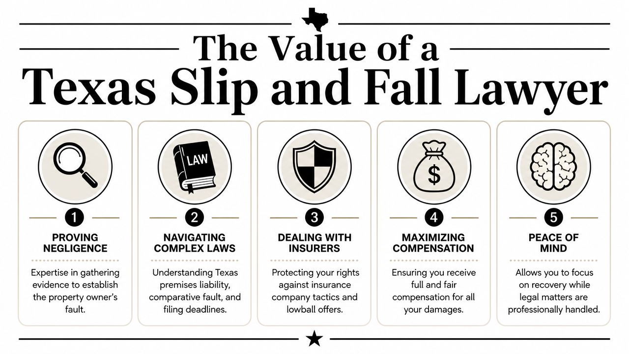 An infographic detailing five key benefits of hiring a legal professional for Texas slip and fall cases.
