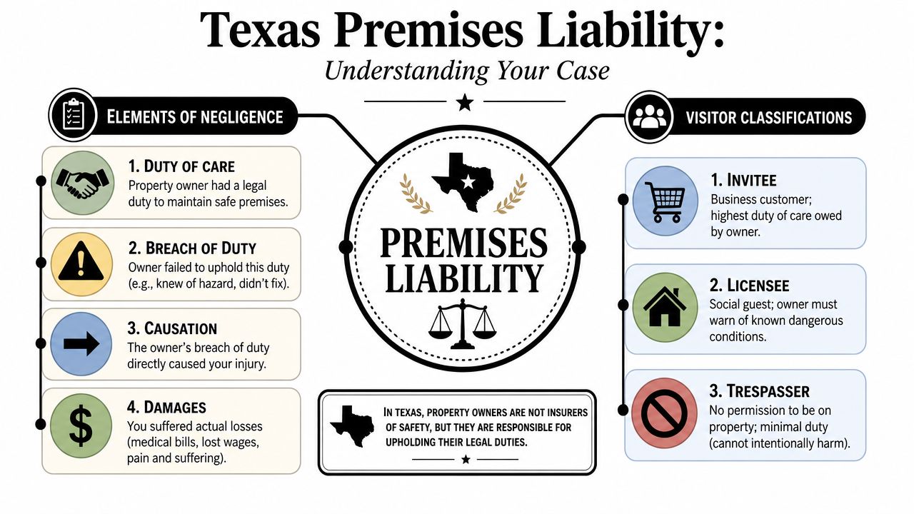An infographic explaining Texas premises liability laws, negligence elements, and visitor classifications for injury cases.