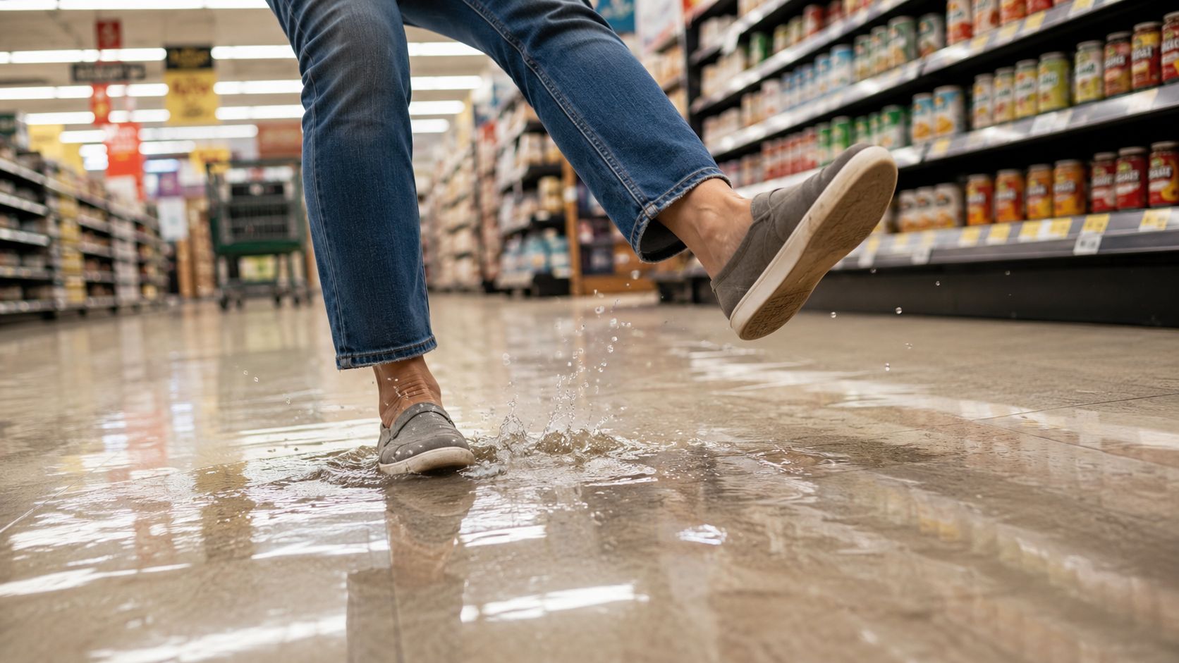 A person wearing blue jeans and gray sneakers stepping into a puddle on a grocery store floor.