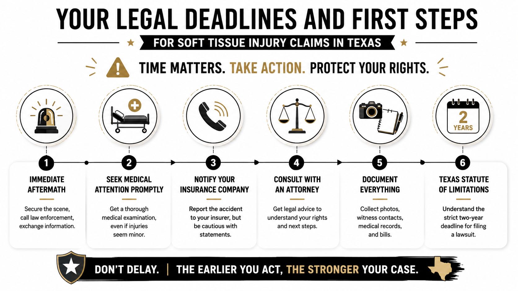 A step-by-step infographic detailing legal deadlines and essential first steps for soft tissue injury claims in Texas.