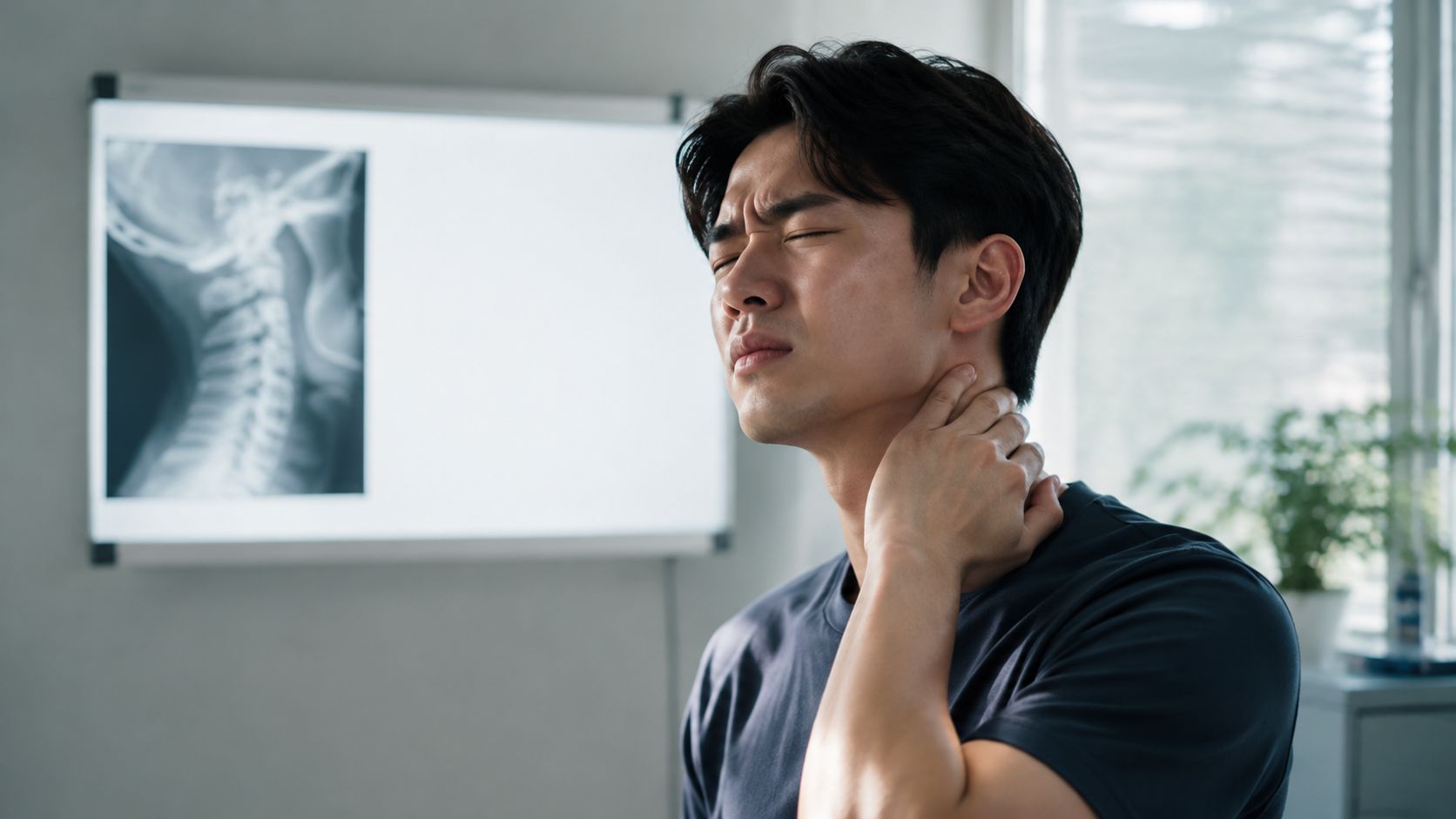A young man experiencing neck pain while standing in a doctor office with an X-ray on display.