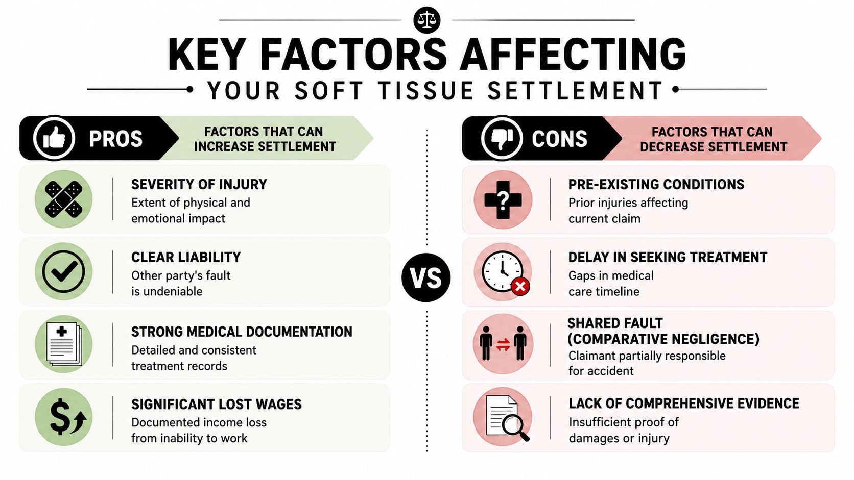 An infographic showing factors that can increase or decrease soft tissue injury settlement values.