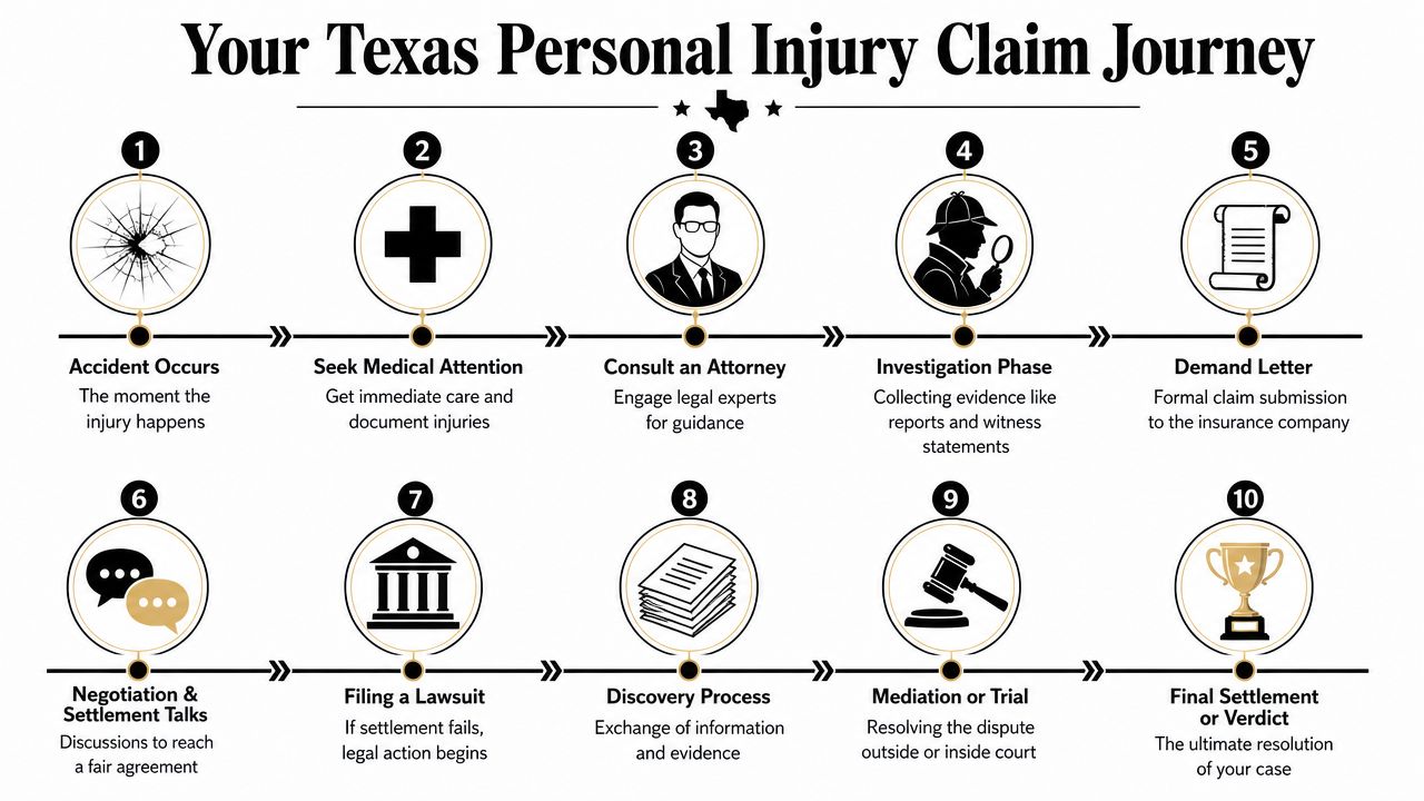 A ten-step infographic outlining the personal injury claim process in Texas from accident to final settlement.