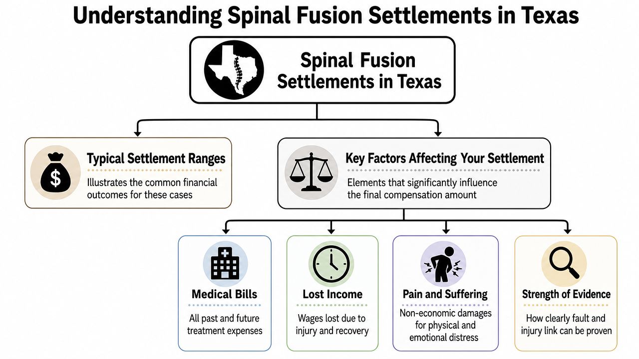 A flowchart explaining the factors influencing spinal fusion medical injury settlements in the state of Texas.