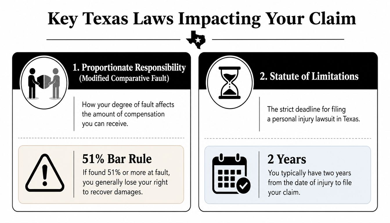 An infographic explaining Texas legal principles including proportionate responsibility, the 51 percent bar rule, and statute of limitations.