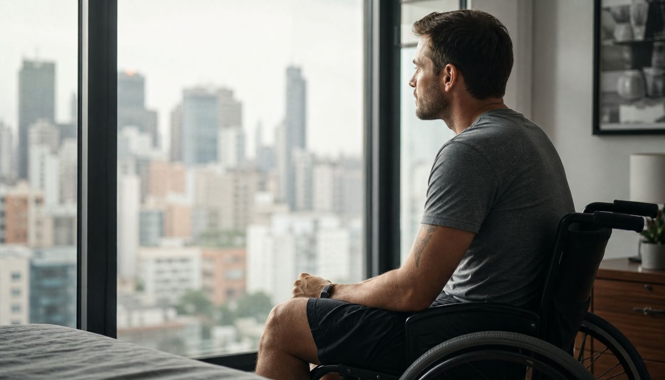 A contemplative man sitting in a wheelchair while looking out a large window at a city skyline.