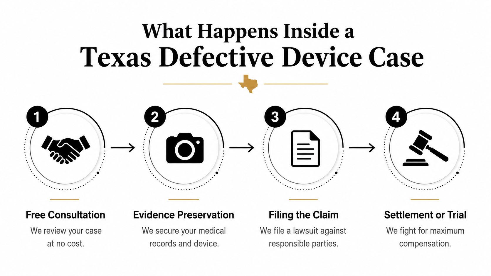 A four-step process flowchart illustrating the legal journey of a Texas defective medical device lawsuit case.