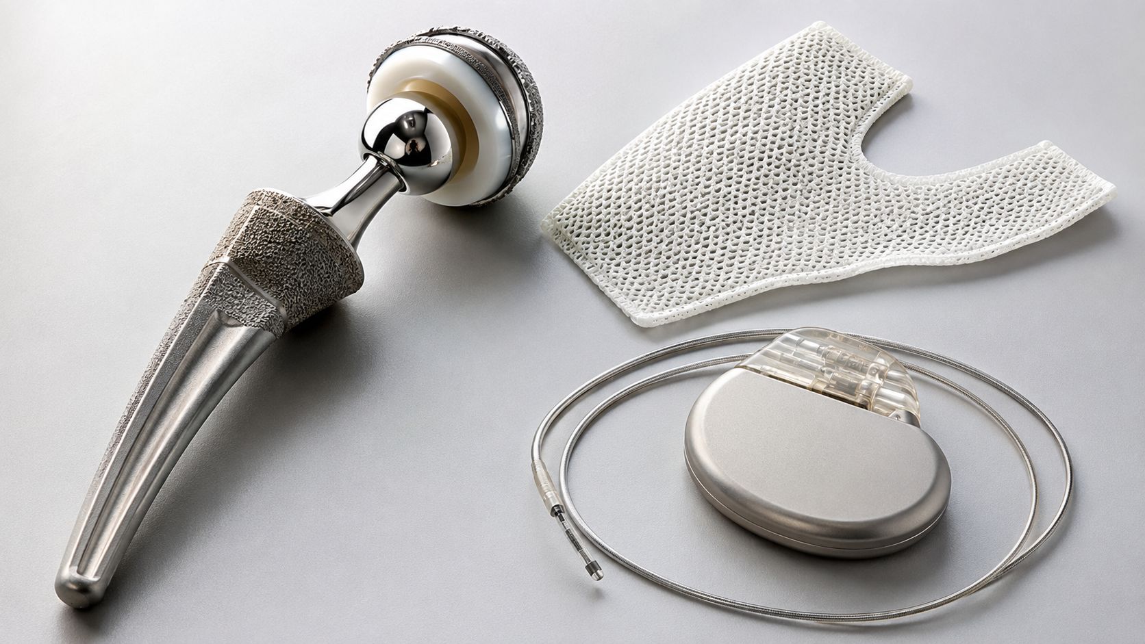 A collection of medical implants including a hip replacement, a surgical mesh, and a heart pacemaker device.