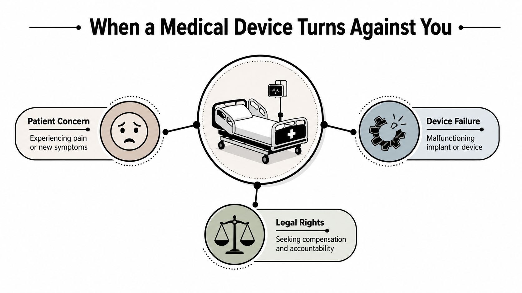 A diagram illustrating medical device failure, patient symptoms, and legal rights for seeking compensation and accountability.