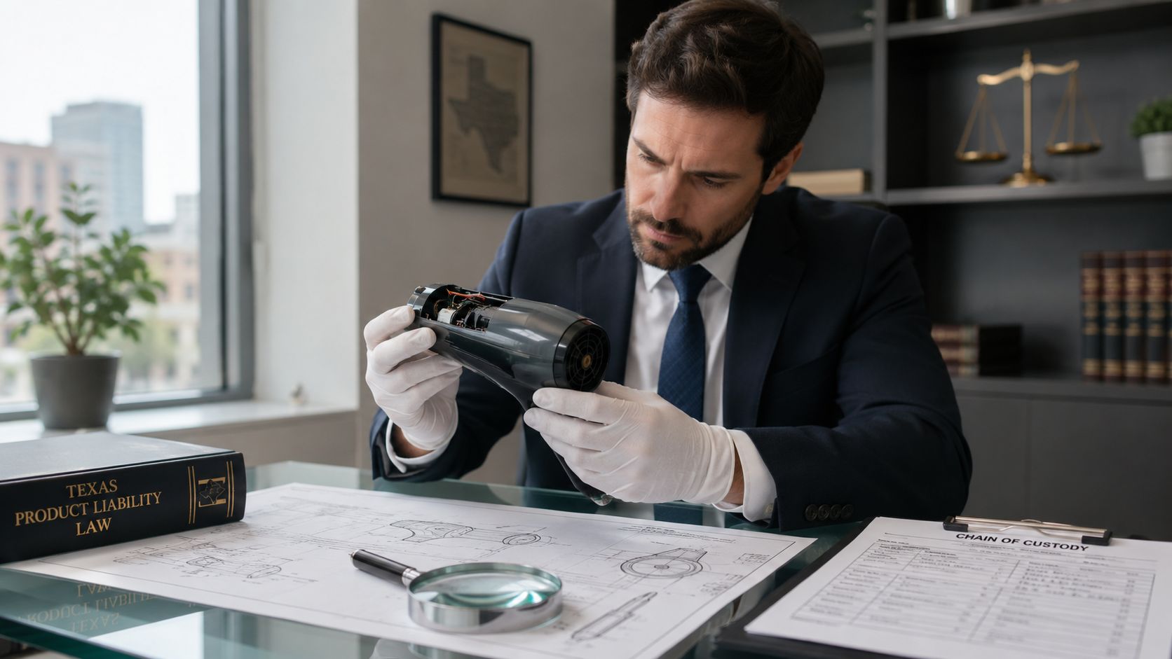 A professional lawyer wearing white gloves examines a defective hairdryer as evidence in his law office.