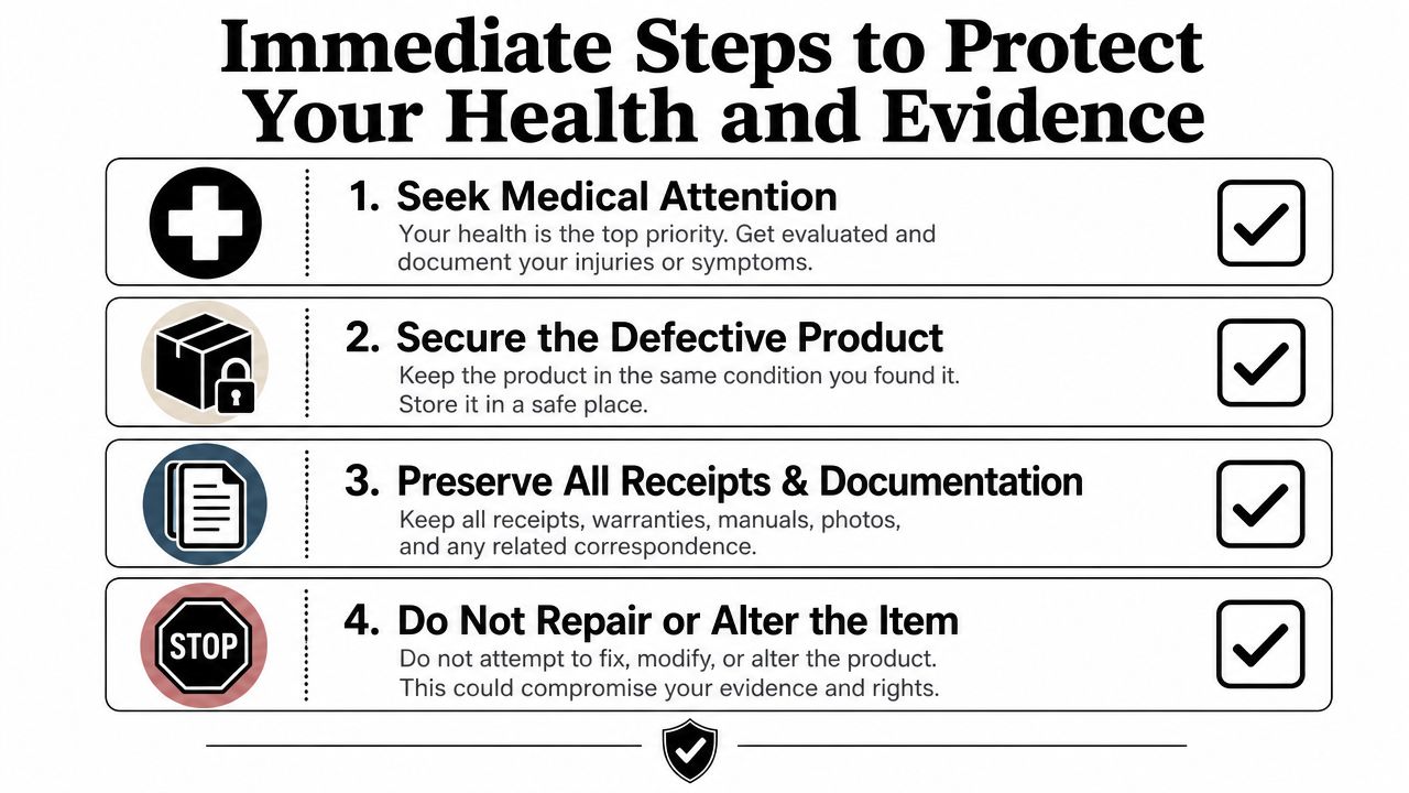 A checklist infographic titled Immediate Steps to Protect Your Health and Evidence with four critical legal steps.