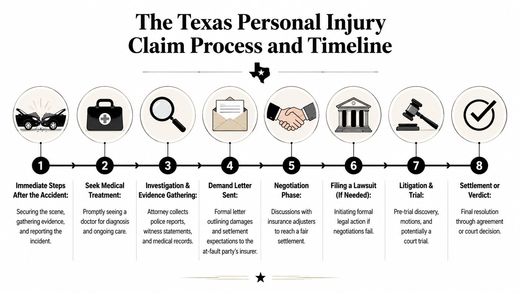 An infographic showing the 8-step timeline process for a Texas personal injury claim after an accident.