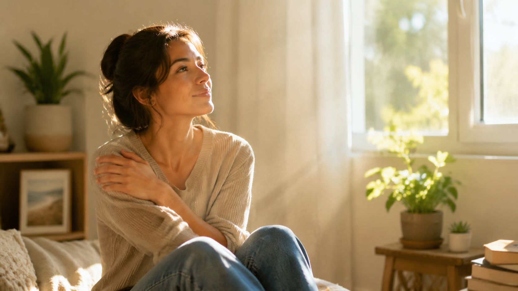 A woman sits thoughtfully by a sunlit window, embracing herself in a cozy, peaceful indoor setting.