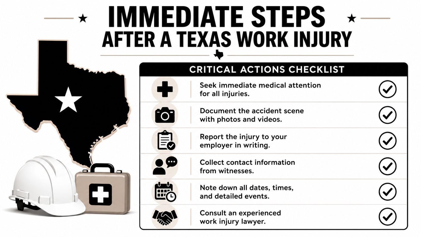 A checklist of six critical steps to take immediately following a work injury in Texas.