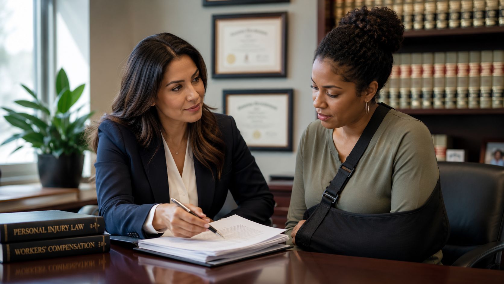 A female lawyer reviewing legal documents with her client who is wearing an arm sling.