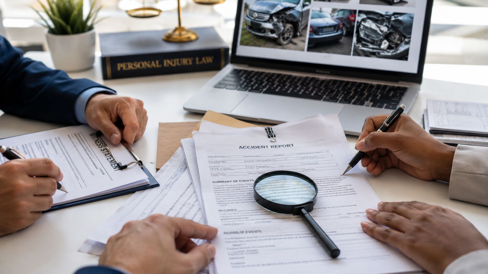 A professional work injury lawyer reviewing accident report documents and witness statements with a magnifying glass.