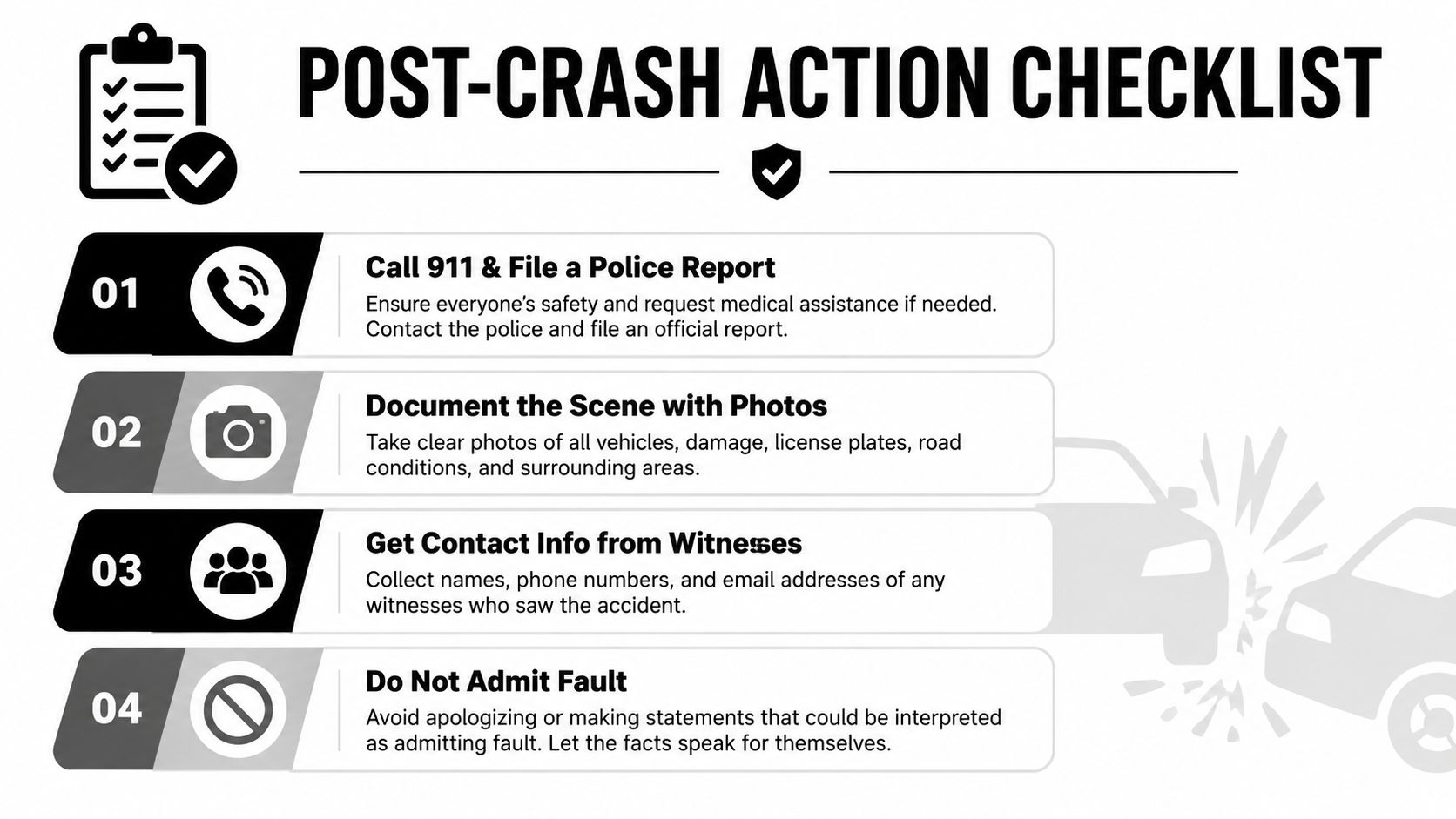 A four-step checklist for drivers outlining essential actions to take immediately following a car accident.