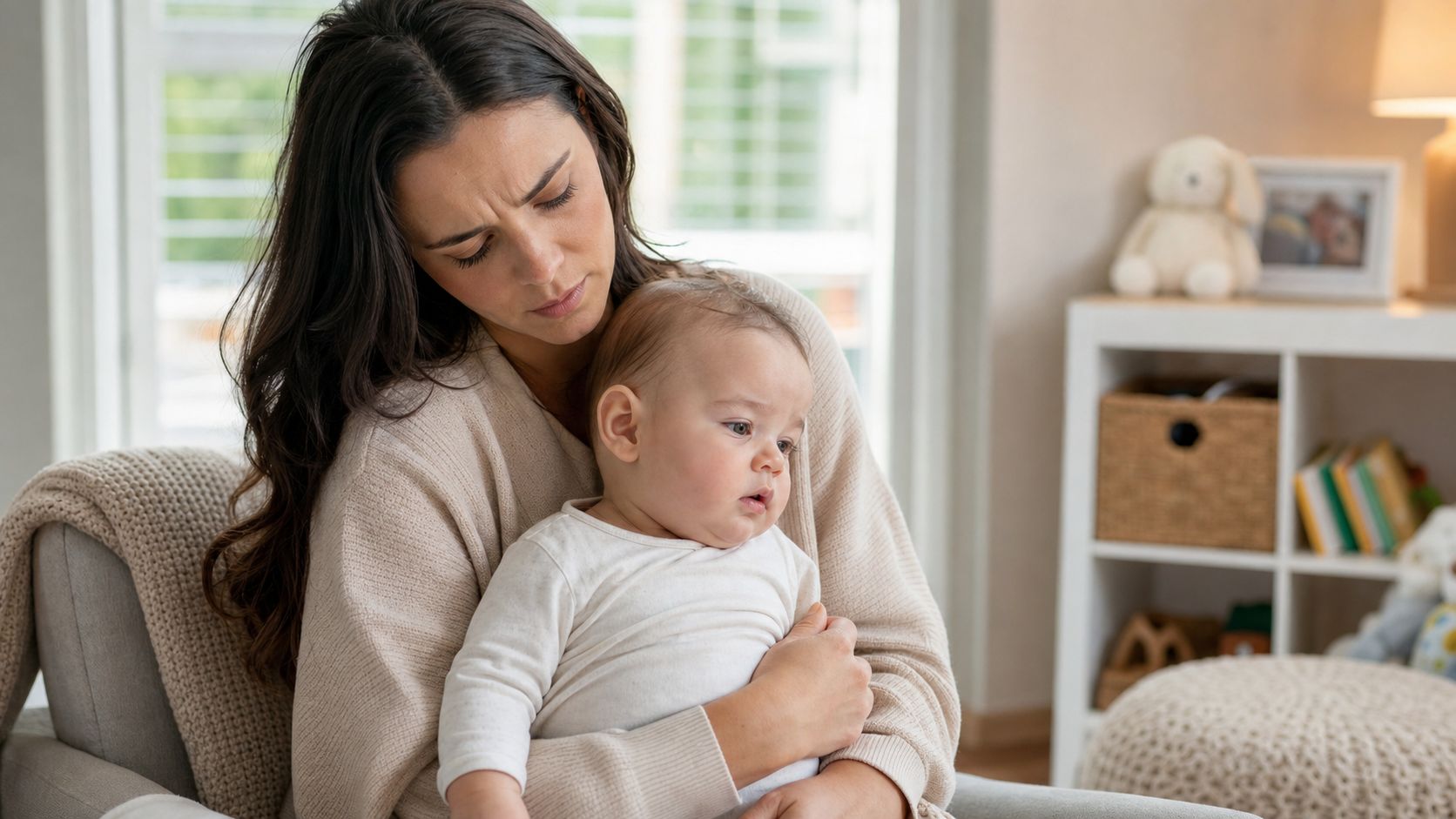 A concerned mother holding her baby closely while sitting on an armchair in a bright room.