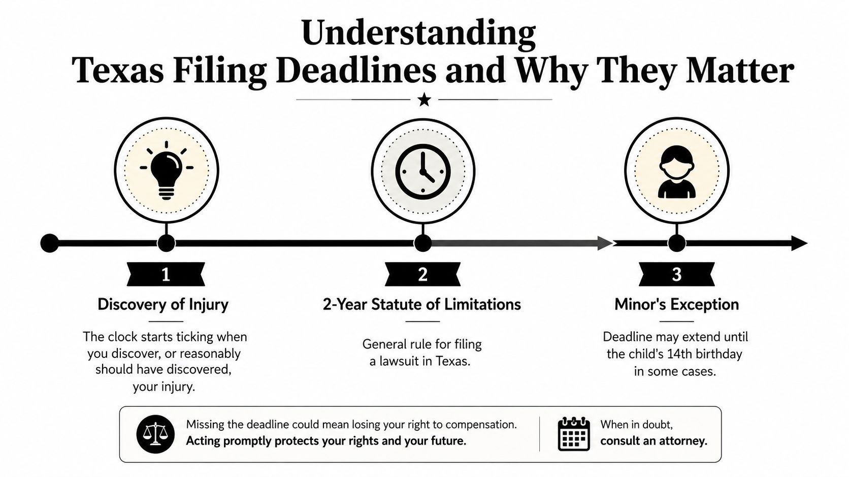 A timeline graphic explaining Texas injury lawsuit filing deadlines, statute of limitations, and exceptions for minors.