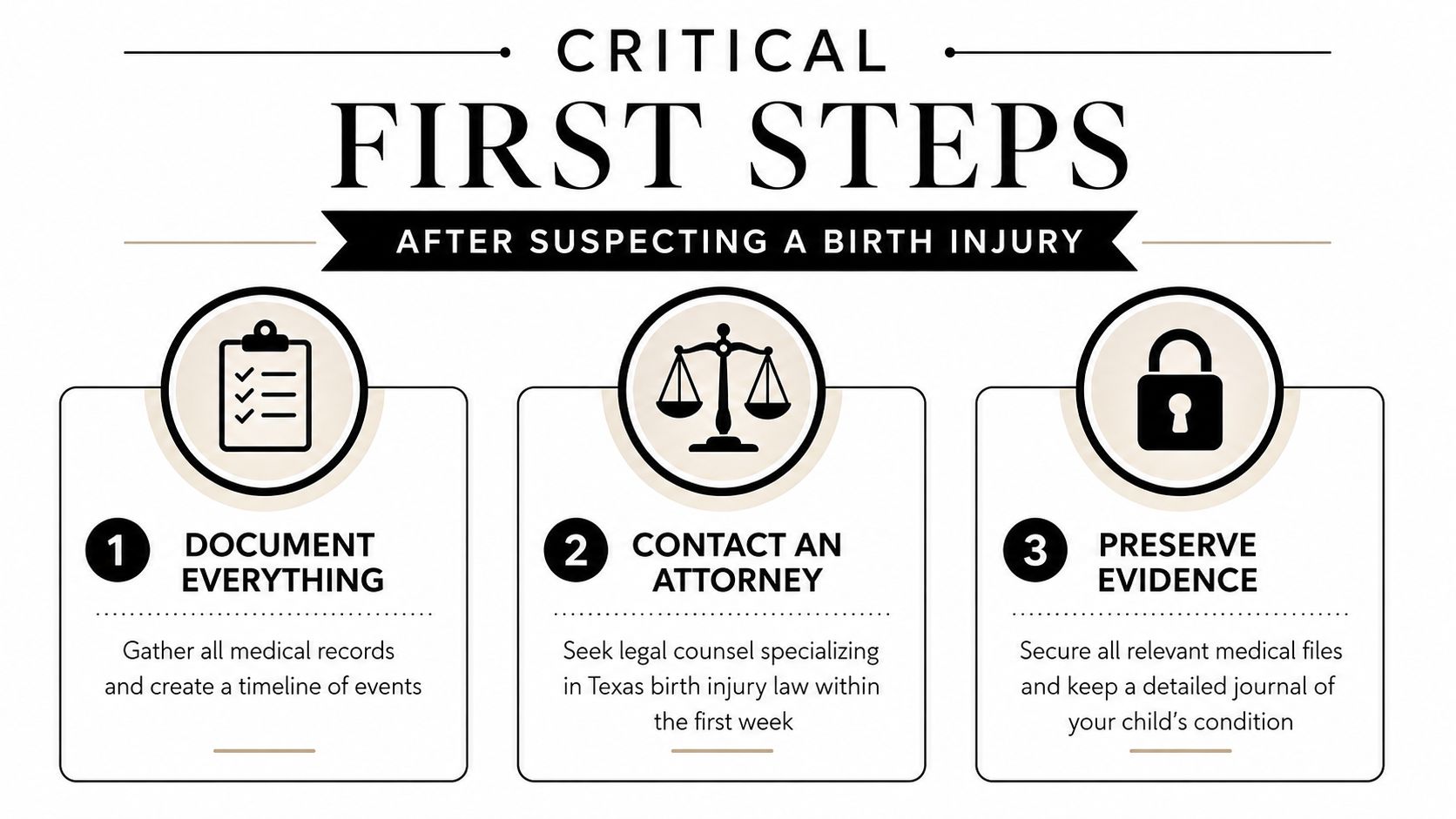 A graphic outlining three critical first steps for parents who suspect a birth injury has occurred.