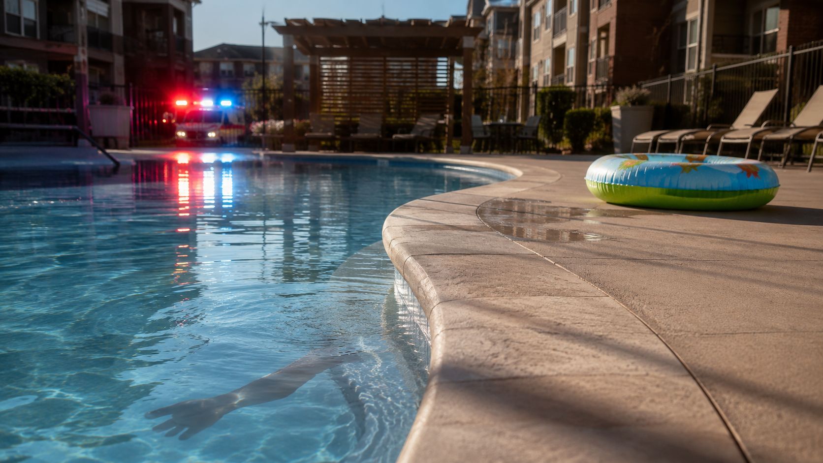 A hand visible underwater in a swimming pool with an ambulance waiting in the background at sunset.