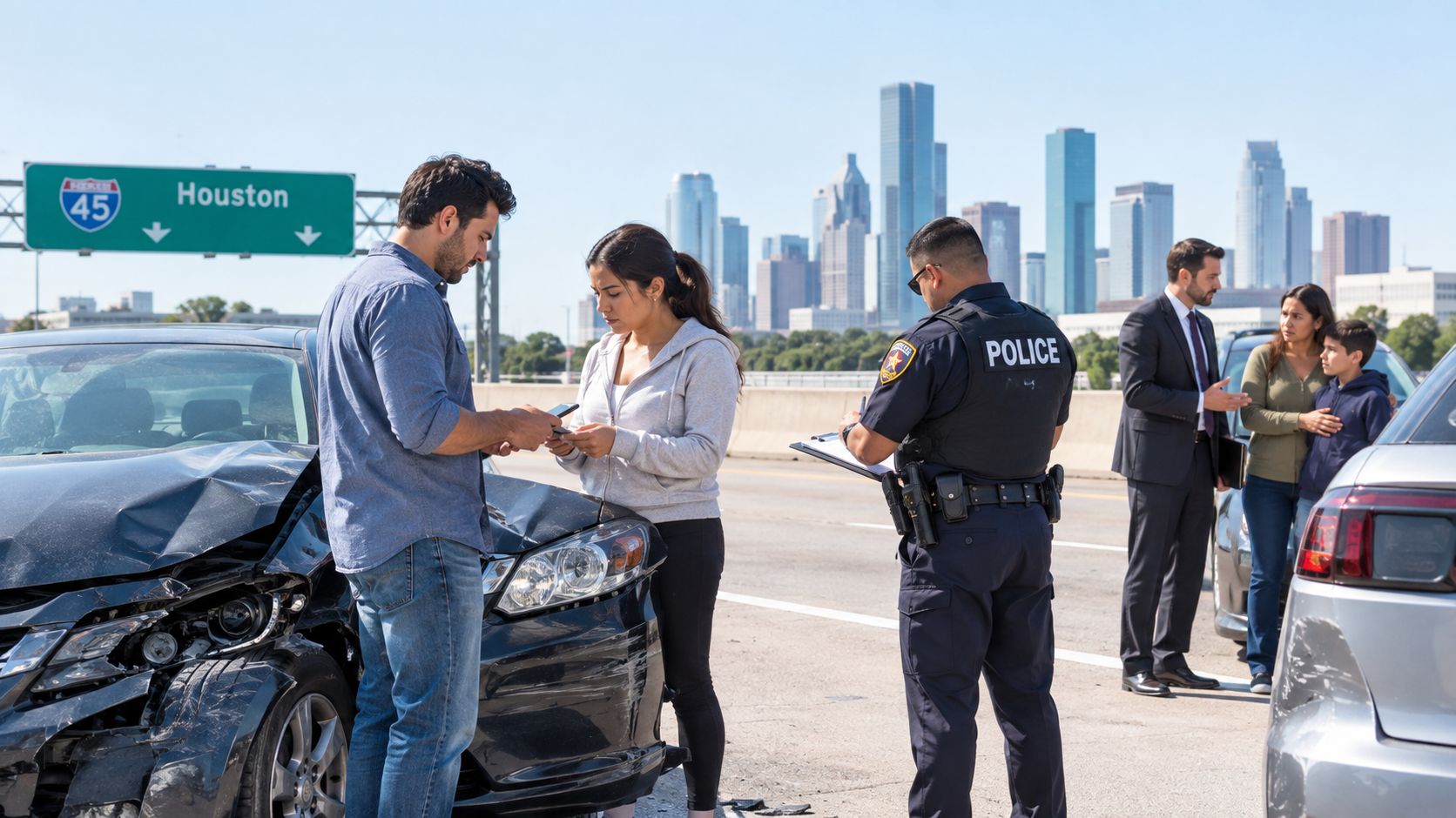 A police officer talks to a couple at the scene of a car accident in Houston, Texas.