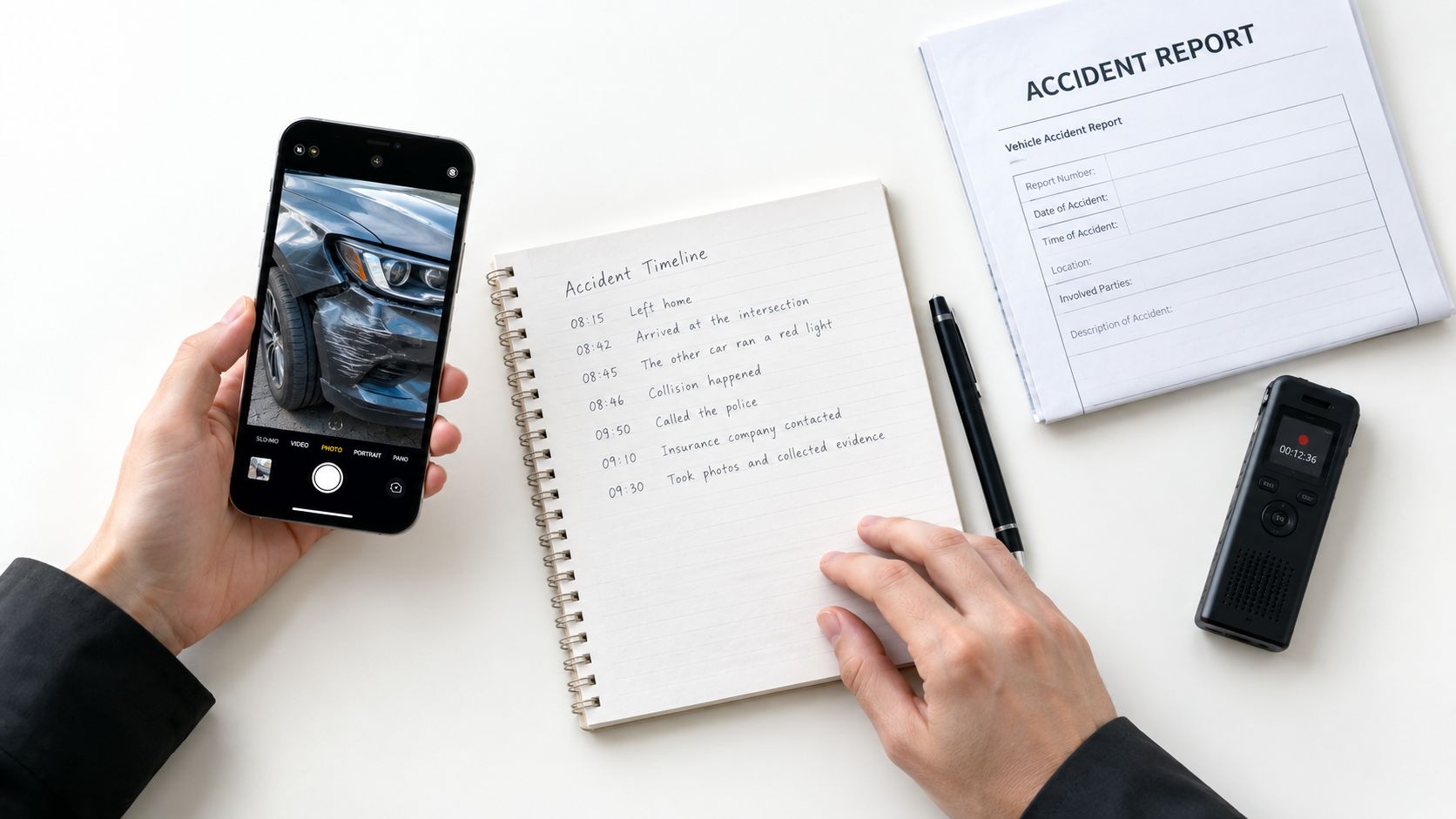 A person documenting a car accident by taking photos with a smartphone, alongside a timeline and report.