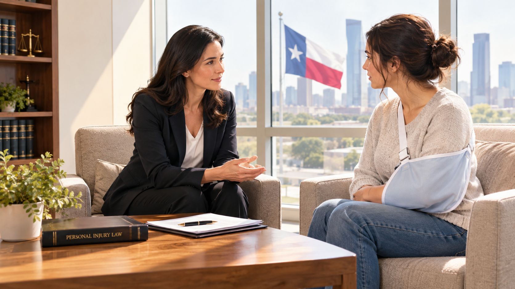 A female lawyer in a suit consults with a client wearing an arm sling in a office.