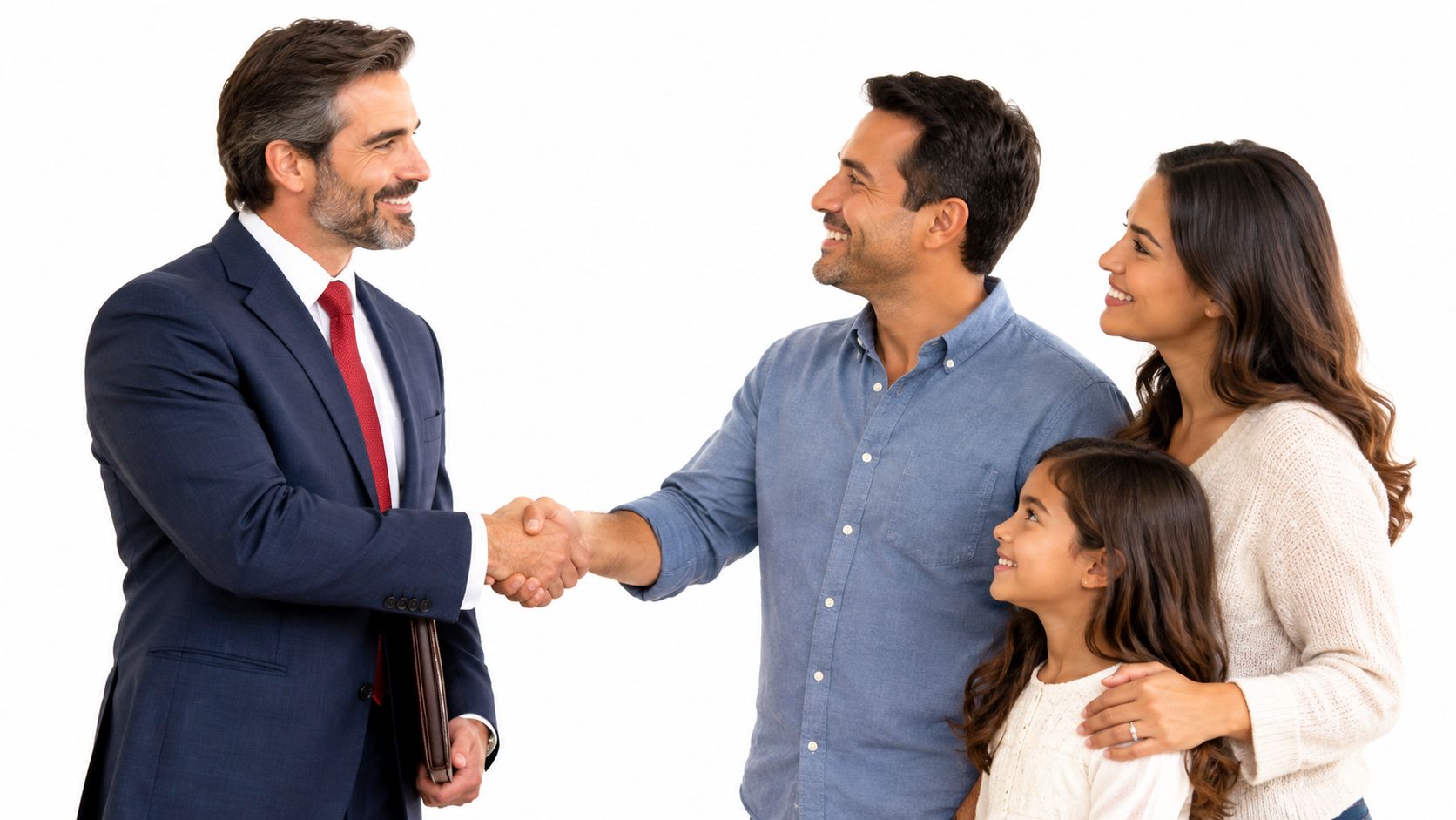 A professional man in a suit shaking hands with a happy father standing with his family