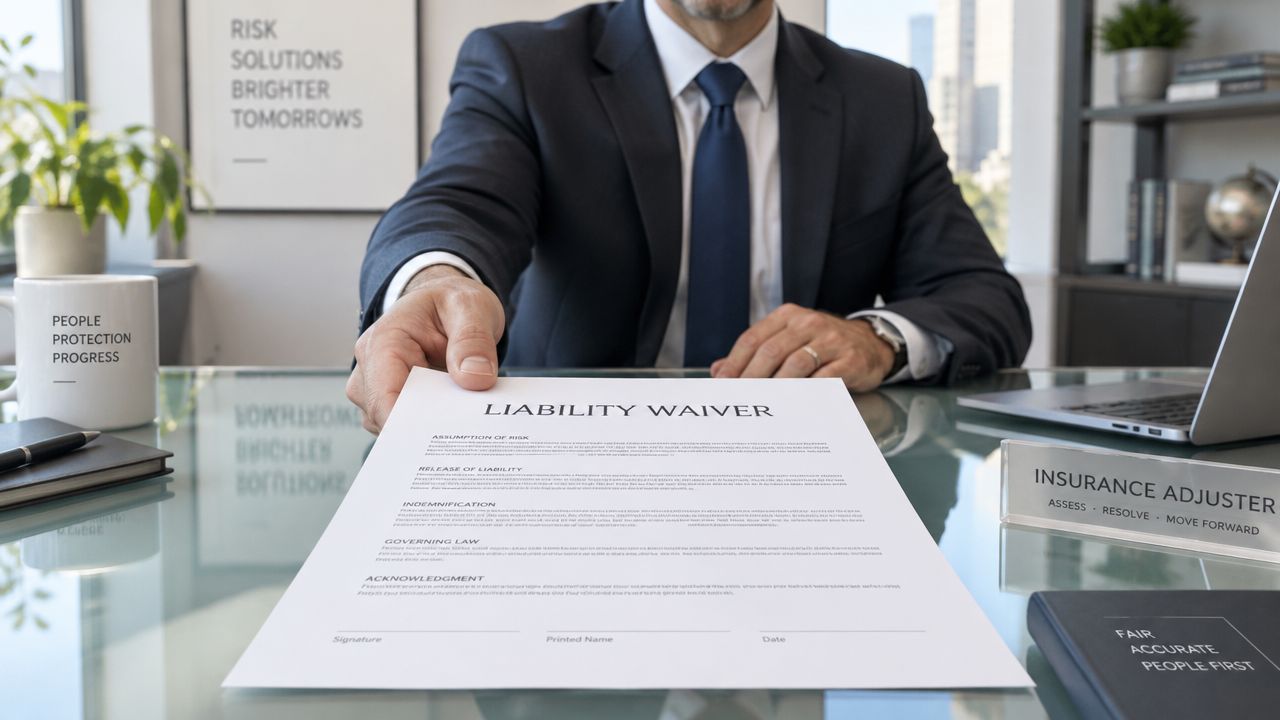 A professional in a suit sits at a desk handing over a liability waiver document.