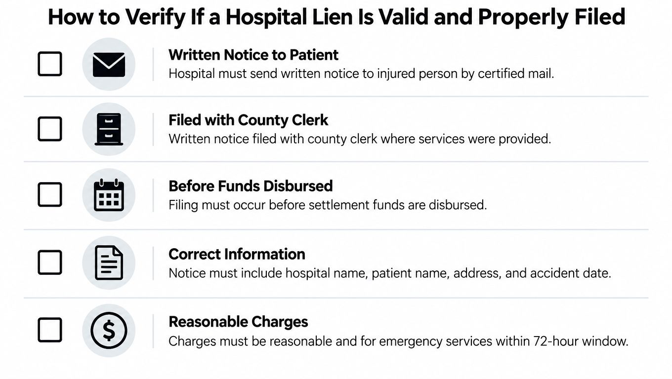 A checklist infographic illustrating the steps to verify the validity and filing of a hospital lien.