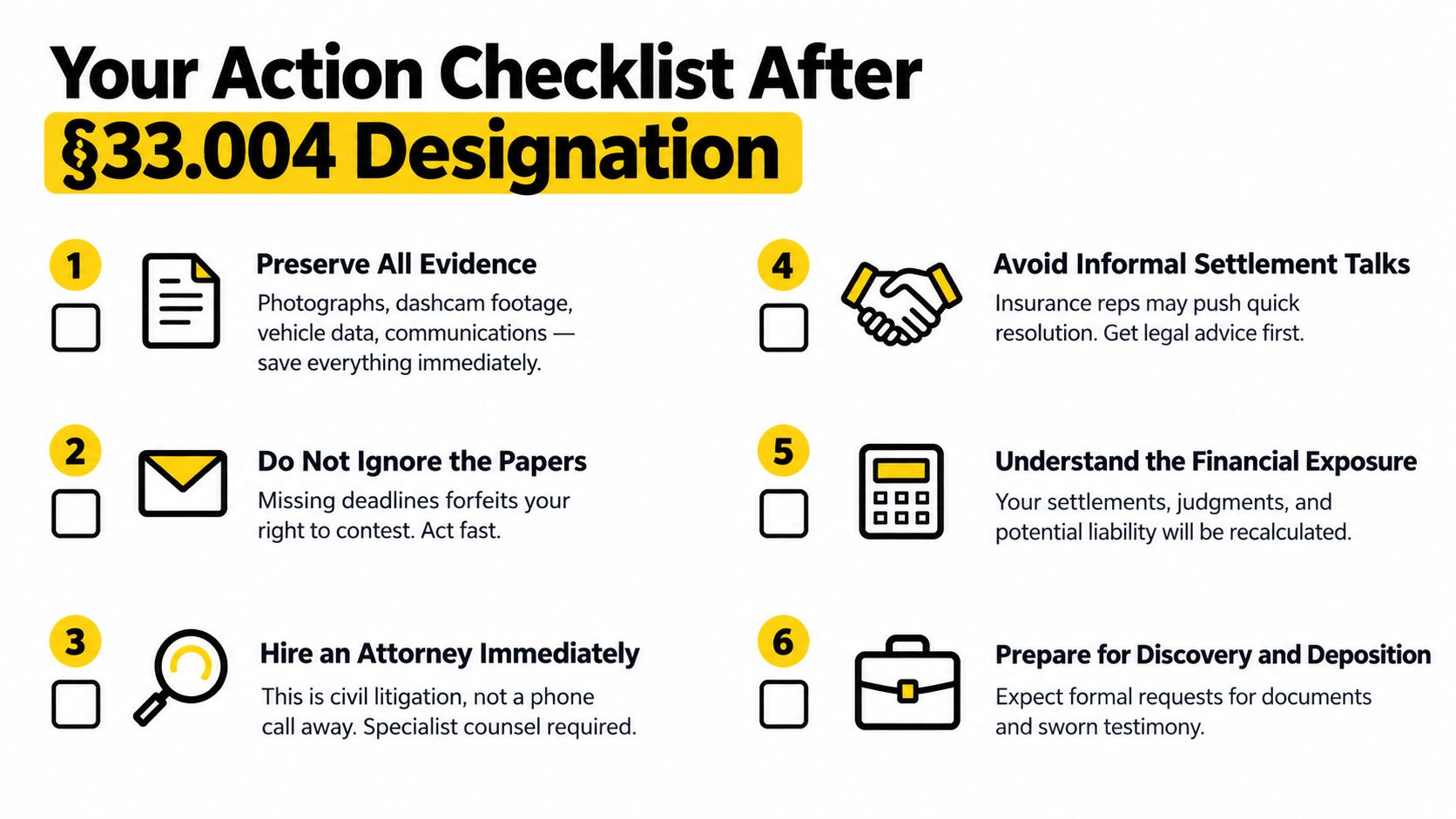 A six-step checklist for individuals navigating a Texas civil litigation responsible third party designation 33.004 process.