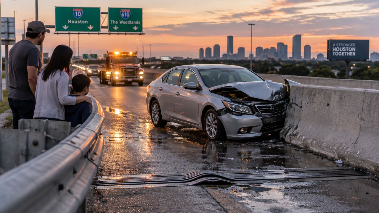 A family looks at a car that crashed into a concrete highway barrier during sunset in Houston.