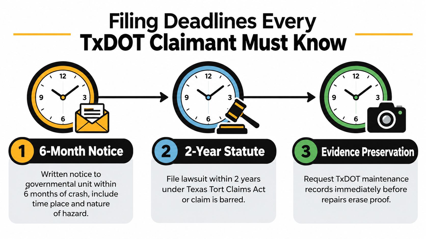 An infographic outlining three key filing deadlines and actions for TxDOT claimants in Texas.