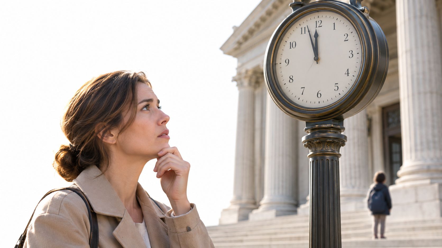 A pensive woman looks up at a large vintage clock in front of a government building.